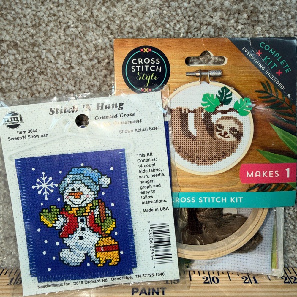Cross Stitch Kit Bundle Sloth Hoop Ornament & Snowman Stitch N Hang